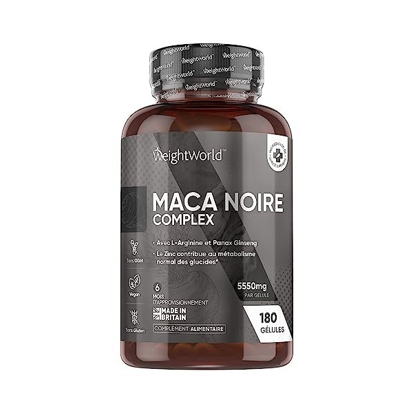 Maca Noire Forte 100:1 + Ginseng + L-Arginine 5550mg - 180 Gélules Vegan 6 Mois - Maca Complexe Avec Panax Ginseng, Poivre 