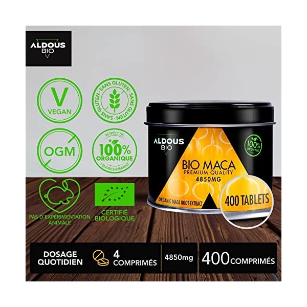 Extrait de Maca BIO du Perou Pure pour 100 jours | 400 Comprimés de 4850 mg | Extrait Hautement Concentré | Maca Energizzante