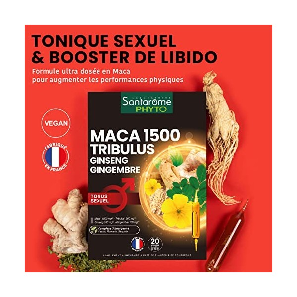 Santarome Phyto - Maca 1500 Tribulus Ginseng Gingembre - Complément alimentaire Tonus Sexuel - Tonifiant sexuel - 20 ampoules