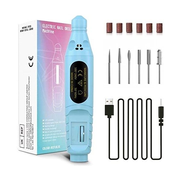 Lime a Ongle Electrique, Ponceuse pour Ongles à Vitesse Réglable 20 000 tr/min, Portable Kit de Manucure Pédicure avec 6 Fore