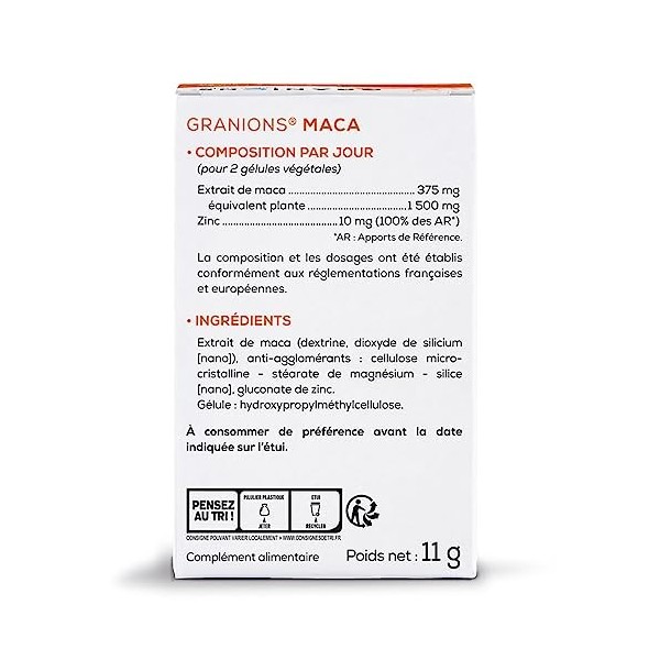 Maca GRANIONS | Complément alimentaire désir sexuel | Maca 375mg avec Zinc | Stimulant sexuel, aphrodisiaque sexuel naturel p