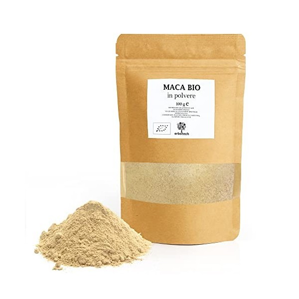 ERBOTECH, Poudre de Maca Péruvienne BIO, Sachet de 100 g, Riche en Minéraux, Vitamine B, Vitamine C, Vitamine E, Sans Gluten,