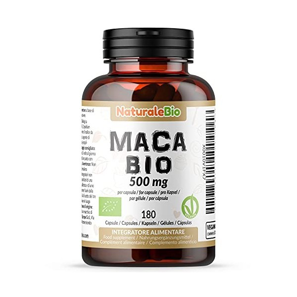 Maca Bio en Gélules de 500mg - 180 Capsules. Organic Peruvian Maca Root. Gélatinisée, Naturel et Pur, Produit au Perou de Rac