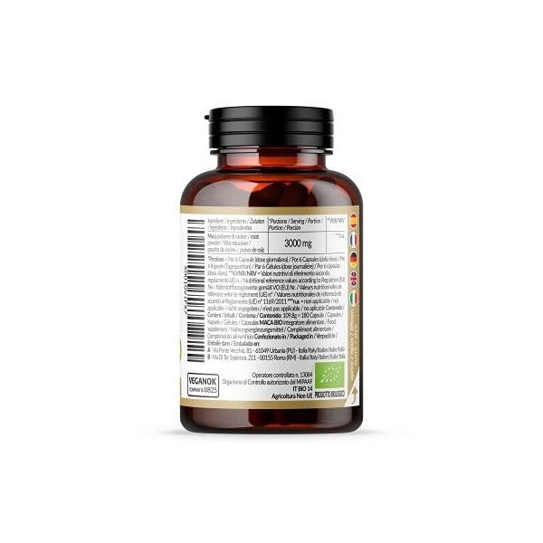 Maca Bio en Gélules de 500mg - 180 Capsules. Organic Peruvian Maca Root. Gélatinisée, Naturel et Pur, Produit au Perou de Rac