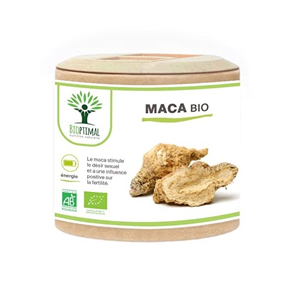 Maca Bio - Complément Alimentaire Bioptimal - Superaliment - Poudre Maca Pérou - Gélule de 300 mg - Energie Sexualité Fertili