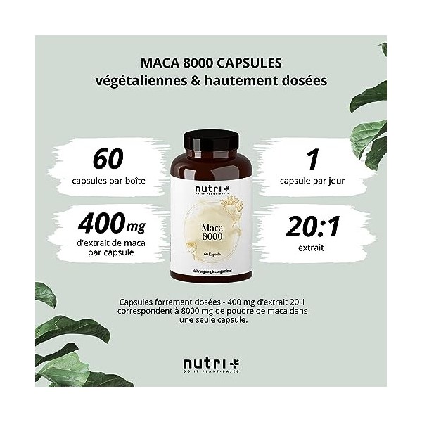 MACA Capsules hautement dosées + végétaliennes - Macca Premium 8000-60 Capsules - Extrait original 20:1 Premium poudre de ra