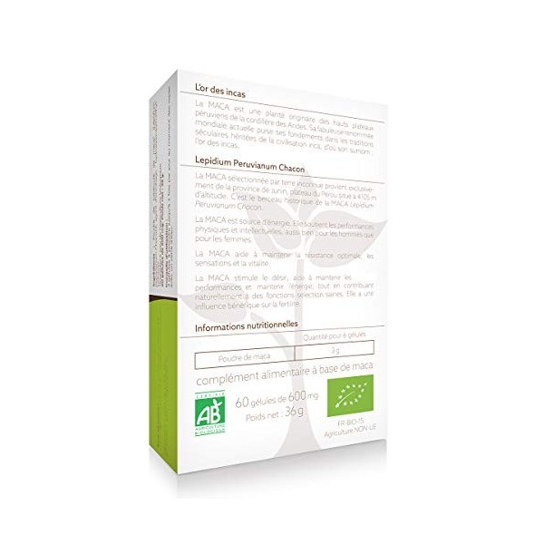 Maca bio du Pérou - Terre Inconnue® - 60 gélules végétales de 600mg - pure Lepidium Peruvianum Chacon de Junin au Pérou