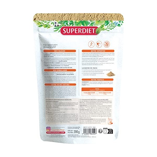 SUPERDIET - MACA BIO -Performances physique et mentales, Santé du couple - Fabrication française -Sachet papier avec zip refe