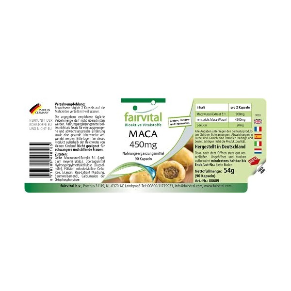 Fairvital | Maca 450mg Fort - avec 4500mg de racine de maca par dose journalière - Anti-stress, Revigorant & Énergie - Hautem