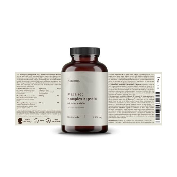 SANUTRA® Gélules Maca rouge + Gattilier | Vitex agnus-castus | 180 gélules de 750 mg | Aphrodisiaque naturel | Alternative au