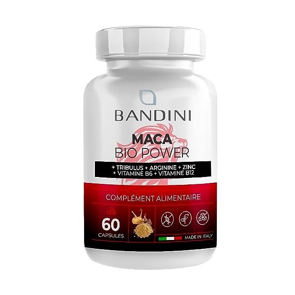 BANDINI® MACA POWER 60 Gélules – Complément Alimentaire à base de Maca + Tribulus + Arginine + Zinc + B6 + B12 – Agit contre 
