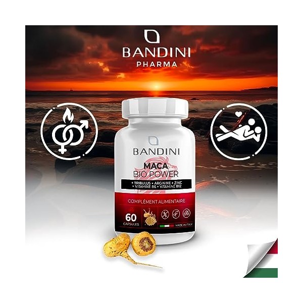 BANDINI® MACA POWER 60 Gélules – Complément Alimentaire à base de Maca + Tribulus + Arginine + Zinc + B6 + B12 – Agit contre 