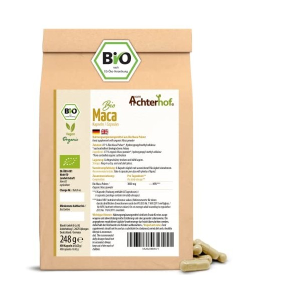 Gélules de maca bio 400 pièces | Recharge | hautement dosé avec 3000mg de poudre de maca par dose journalière | végétalien | 