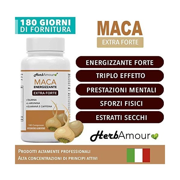 HerbAmour® Maca | 180 Capsules Pour 6 Mois | Cpr. Dosage Elevé Dans E.S. + L-Arginine + Vitamine B6 + Zinc + Taurine + Guaran