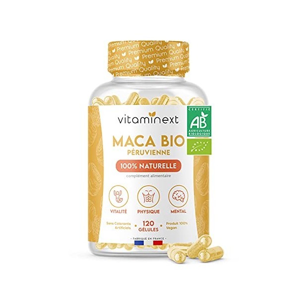 Maca BIO AB | 100% Pure Maca Naturelle 0% Excipients | 120 Gélules Végétales | 1275 mg par Dose | Récoltée au Pérou, Analysée