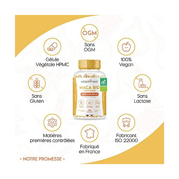 Maca BIO AB | 100% Pure Maca Naturelle 0% Excipients | 120 Gélules Végétales | 1275 mg par Dose | Récoltée au Pérou, Analysée