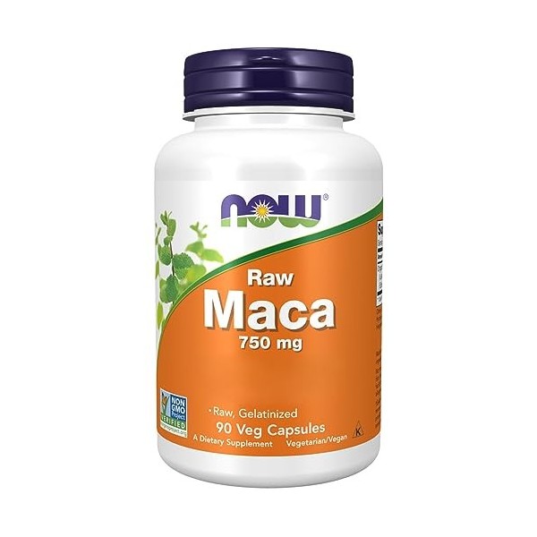 Now Foods, Raw Maca, 750mg, Racine de Maca, Lepidium meyenii, 90 Capsules végétaliennes, Testé en Laboratoire, Sans Soja, Vég