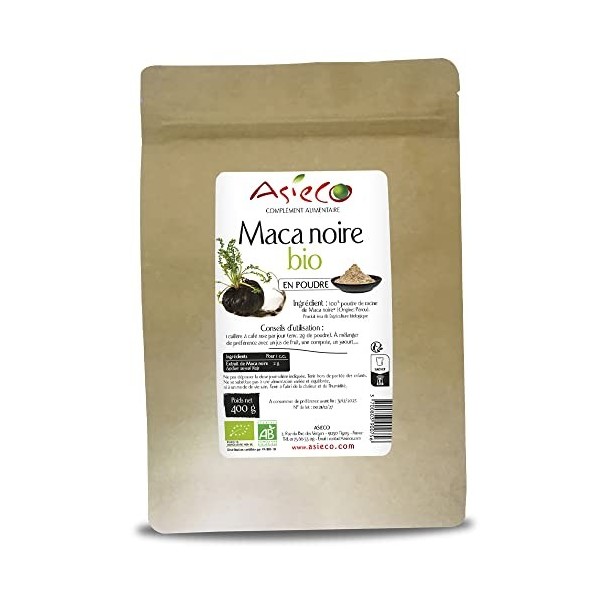 Maca Bio Noire du Pérou Sachet de 400g - Nombreuses Vertus - Produit de Qualité Issu de lAgriculture Biologique - Asieco