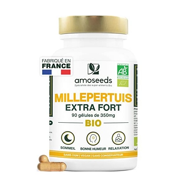 Millepertuis BIO | Concentré en Hypericine | Déprime, Bonne humeur, Anti-stress, Sommeil | 90 gélules vegan de 350mg | Qualit