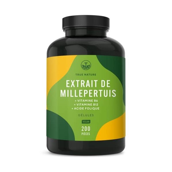 Millepertuis Naturel 200 gélules Fort: 1,35 mg Hypericine - 3.600mg par gelule Extrait 8:1 - Avec des Vitamines B6, B12 &