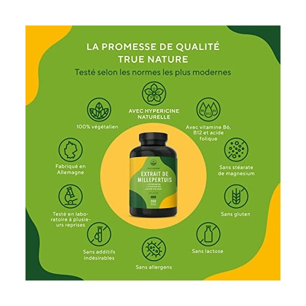 Millepertuis Naturel 200 gélules Fort: 1,35 mg Hypericine - 3.600mg par gelule Extrait 8:1 - Avec des Vitamines B6, B12 &