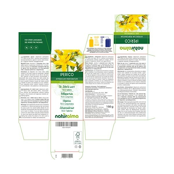 Millepertuis Hypericum perforatum herbe avec fleurs Naturalma | 150 g | 300 comprimés de 500 mg | Complément alimentaire | 