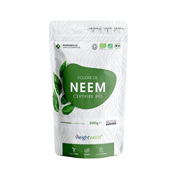 Neem Bio en Poudre Vegan, 200 g - Feuille de Margousier Bio 100 % Pur - Source Naturelle de Vitamines B3, B6, B1, B2, C & Min