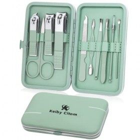 Kit Manucre Pedicure Mini Coupe Ongle Professionnel Coupe Cuticule Femme, Trousse Manucure Pedicure Set de 10pcs Vert 