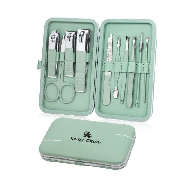 Kit Manucre Pedicure Mini Coupe Ongle Professionnel Coupe Cuticule Femme, Trousse Manucure Pedicure Set de 10pcs Vert 