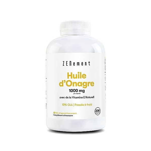 Hulie dOnagre, 1000 mg par gélule, 10% GLA, pressée à froid, 200 Capsules | Ingrédients 100% Naturels, sans OGM, Sans Gluten