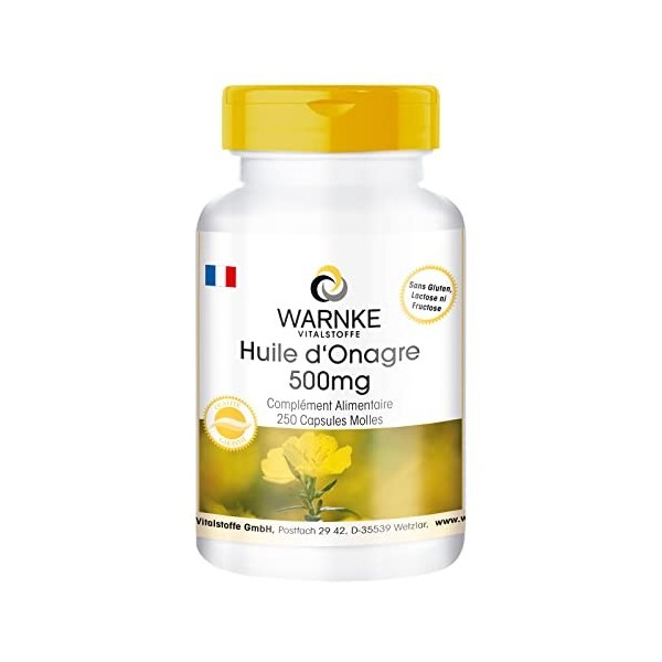 Huile dOnagre avec vitamine E Naturelle 500 mg - 250 gélules molles - Pressée à froid - 71,4% dacide linoléique - 10,2% aci