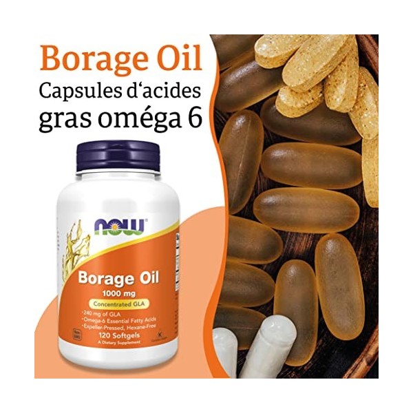 Now Foods, Borage Oil Huile de Bourrache , 1.000mg, 120 capsules molles, Testé en Laboratoire, Sans Soja, Sans Gluten, Sans 