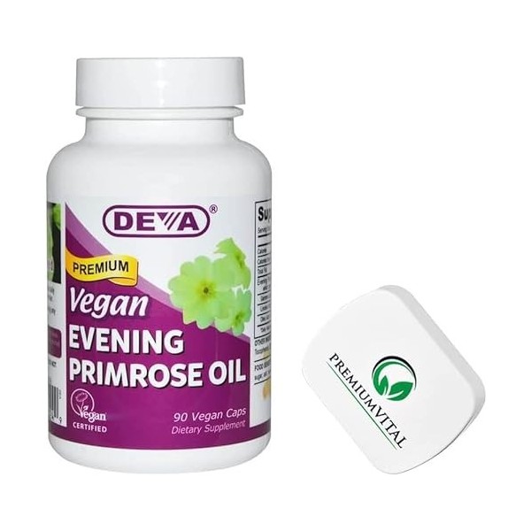 PremiumVital, Deva, Vegan Evening Primrose Oil Huile dOnagre , 90 Capsules végétaliennes, avec Pilulier Pratique, Sans Soja