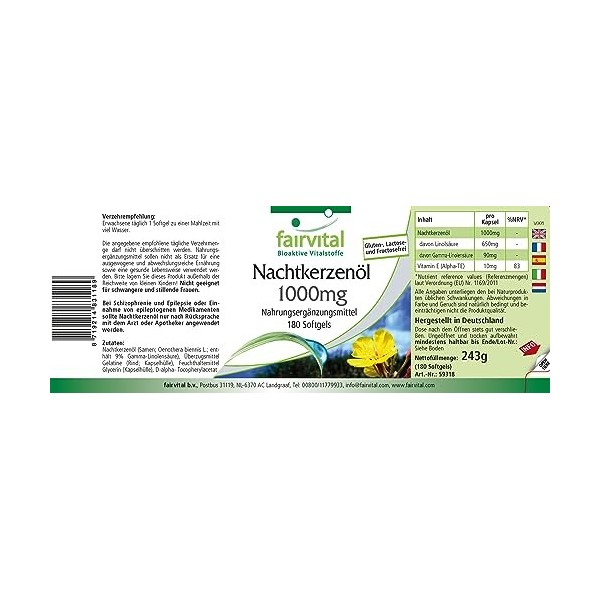 Fairvital | Huile donagre 1000 mg - 180 softgels - Acides gras oméga-6-65% dacide linoléique et 9% dacide gamma-linoléniqu