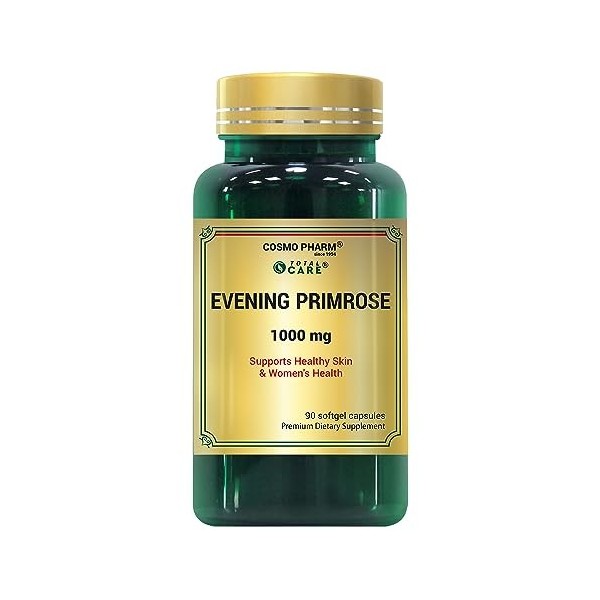 Evening Primrose Oil Capsules Cold Pressed 1000 mg Daily Boîte organique, sans OGM, 700 mg dacide linoléique oméga 6 et 90 m