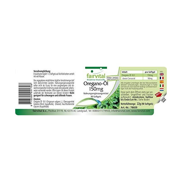 Fairvital | Origan 150mg dhuile - set pour pendant 3 mois - Origanum vulgare extrait - 90 gélules - concentré 10 fois