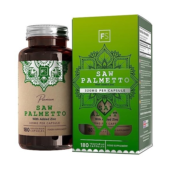 FS Saw Palmetto | Capsules Haute Teneur 320mg avec 15mg Zinc | Palmier Nain extrait 20:1 | 180 Gelules Vegetaliennes - 3 Mo