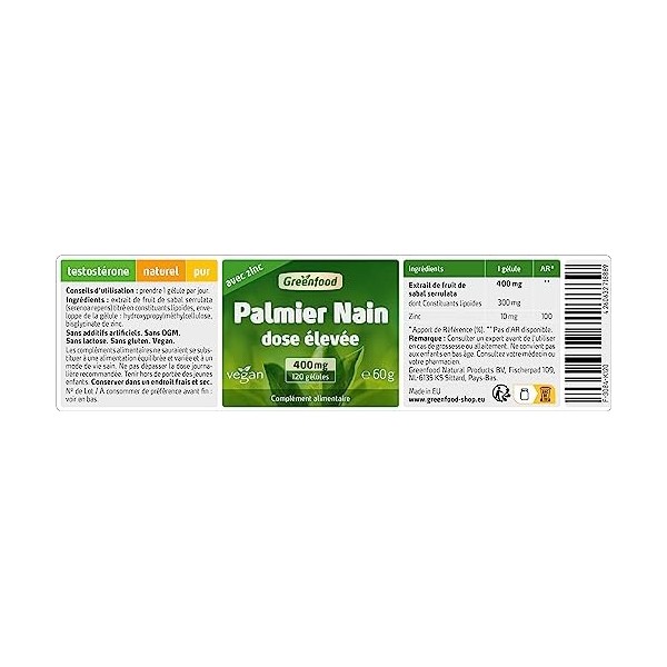 Greenfood Palmier Nain, 400 mg, extrait à dose élevée 75% , 120 gélules - sans additifs artificiels. Sans génie génétique. V