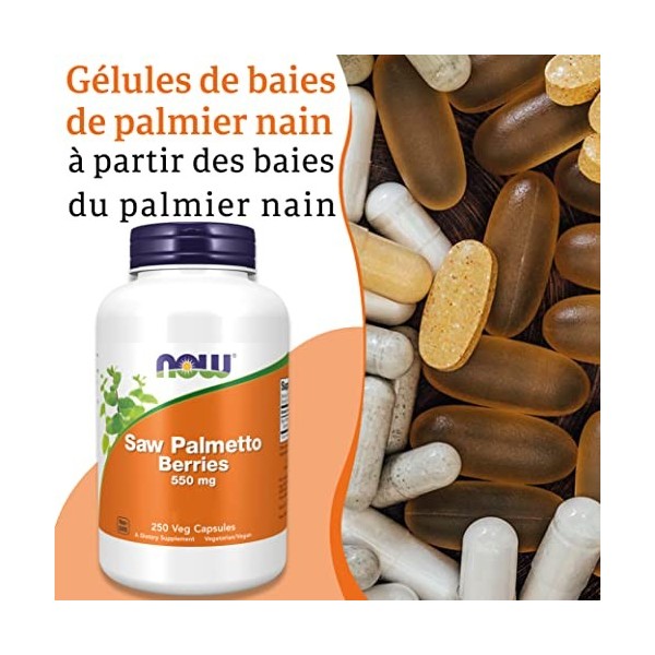 Now Foods, Saw Palmetto Berries Baies de Palmier Nain , 550 mg, 250 Gélules végétales, Testé en Laboratoire, Végétarien, San