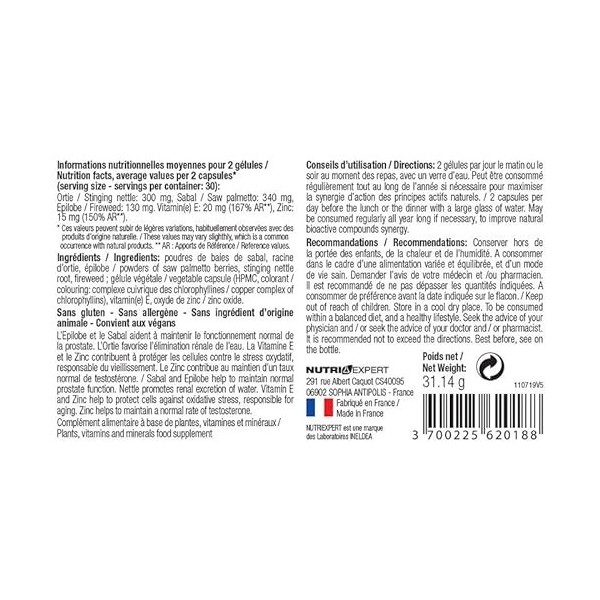 NUTRIEXPERT - Prostagenol - Maintien de la santé du système urinaire et du fonctionnement de la prostate - 60 gélules végétal