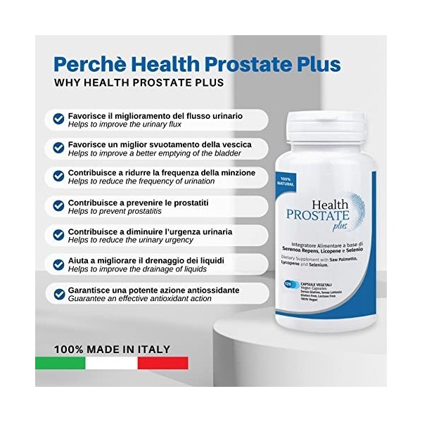 Health Prostate Plus – Complément pour prostate et voies urinaires avec Serenoa repens, lycopène et sélénium – Boîte de 120 g