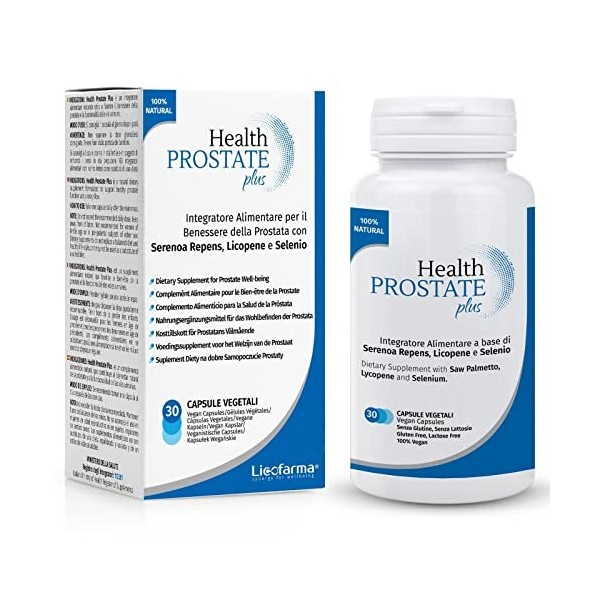 Health Prostate Plus – Complément pour prostate et voies urinaires avec Serenoa repens, lycopène et sélénium – Boîte de 30 gé