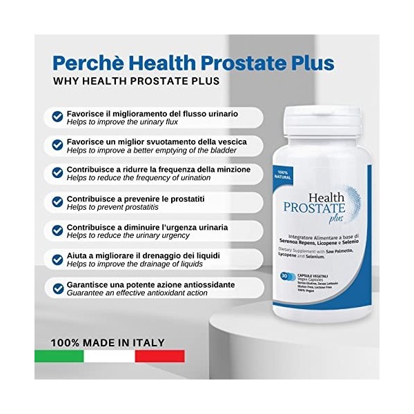 Health Prostate Plus – Complément pour prostate et voies urinaires avec Serenoa repens, lycopène et sélénium – Boîte de 30 gé