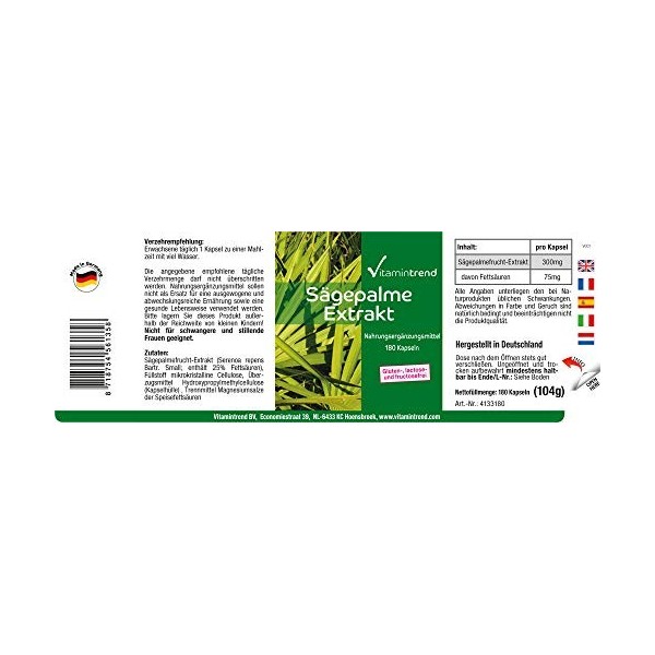 Extrait de palmier nain 300mg - 180 gélules - végétalien - fortement dosé | Vitamintrend®