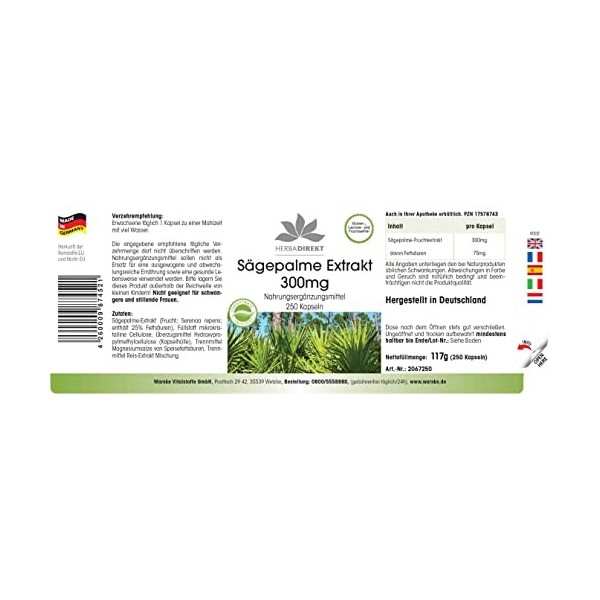 Extrait de palmier nain 300mg - avec bêta-sitostérol - grand emballage - 250 gélules | HERBADIREKT by Warnke Vitalstoffe