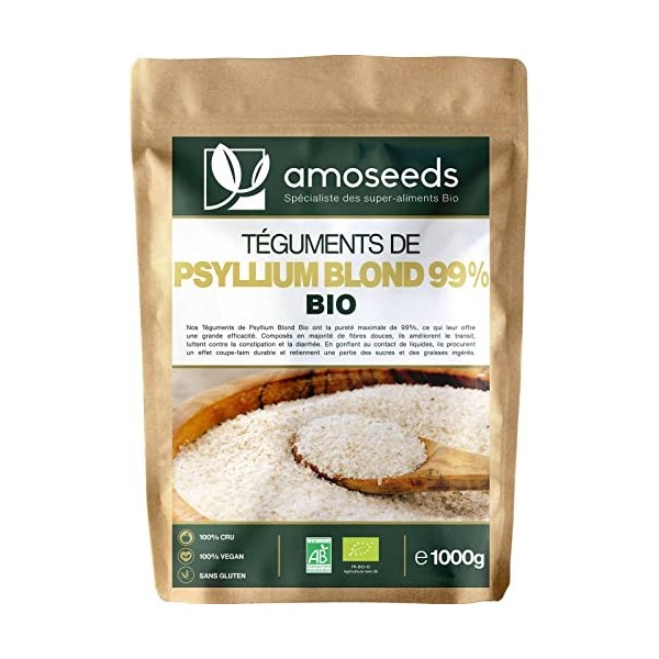 Psyllium Blond Bio 1KG | Téguments Purs 99% | 88% de Fibres, Transit, Sans gluten | Qualité Supérieure