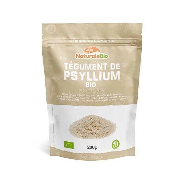 Tégument de Psyllium Blond BIO - Pureté 99% - de 200g. Psyllium Husk Biologique, Naturel et Pur. Cosses de Graines de Psylliu