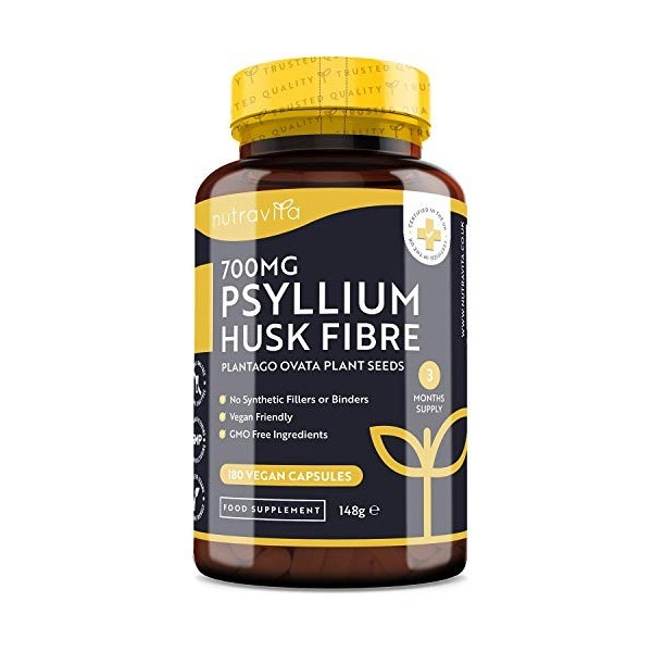 Psyllium Blond Bio 1400 mg par Dose - 180 gélules végane - Fabriqué à partir de graines de Plantago Ovata 100% pures − Fabriq