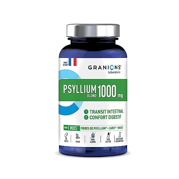 Psyllium blond GRANIONS | Complément alimentaire digestion | Psyllium blond 1000mg avec Magnesium + Pruneau + Mauve | Transit