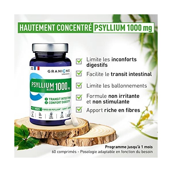 Psyllium blond GRANIONS | Complément alimentaire digestion | Psyllium blond 1000mg avec Magnesium + Pruneau + Mauve | Transit